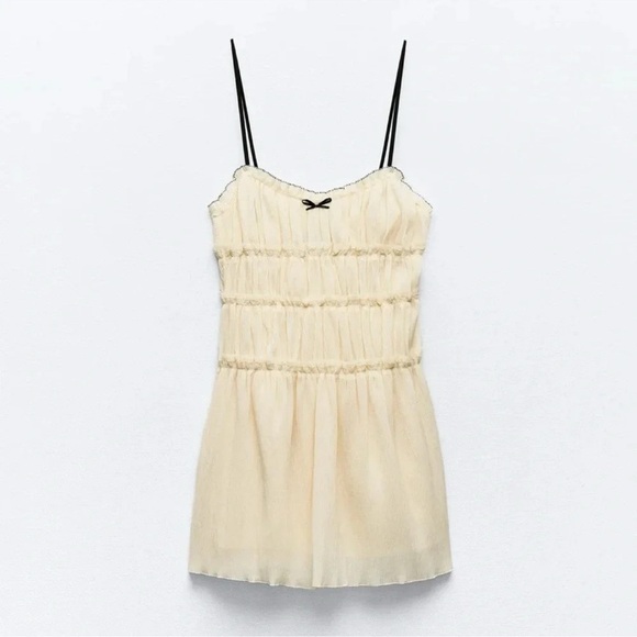 ZARA LITTLE BOW ECRU TEXTURED DRESS - Picture 2 of 11